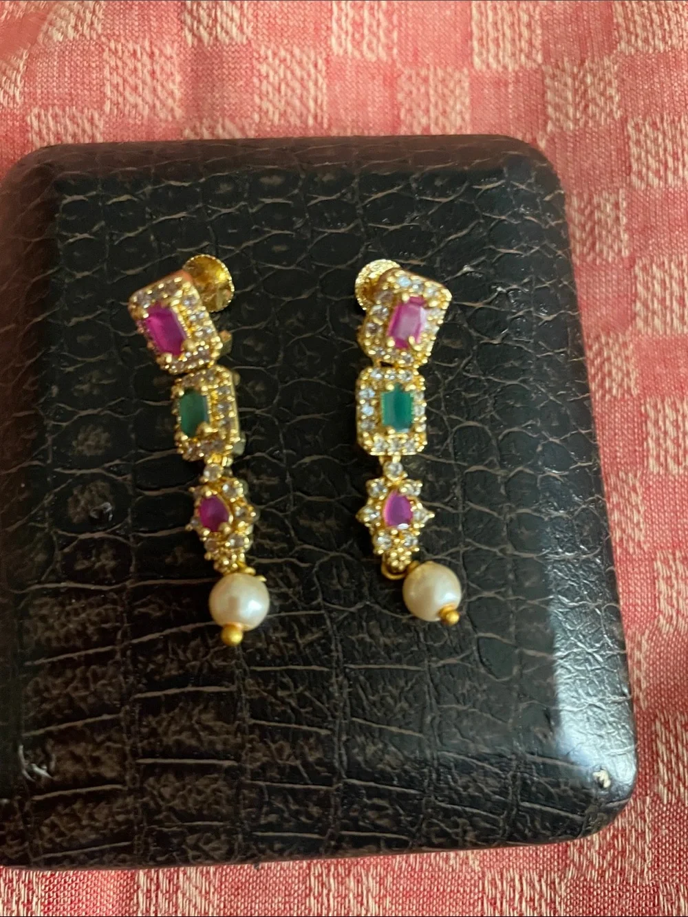 Gold-Tone Pink & Green Stone Drop Earrings with Pearl Accent